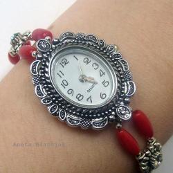 baśniowy zegarek,czerwony koral,Swarovski - Bransoletki - Biżuteria